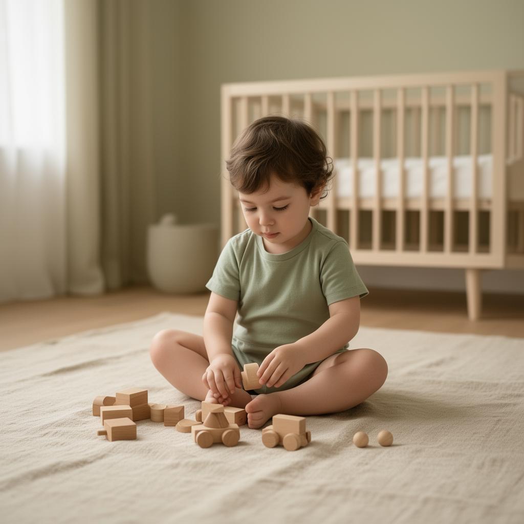 A young child quietly playing with simple natural wooden toys.